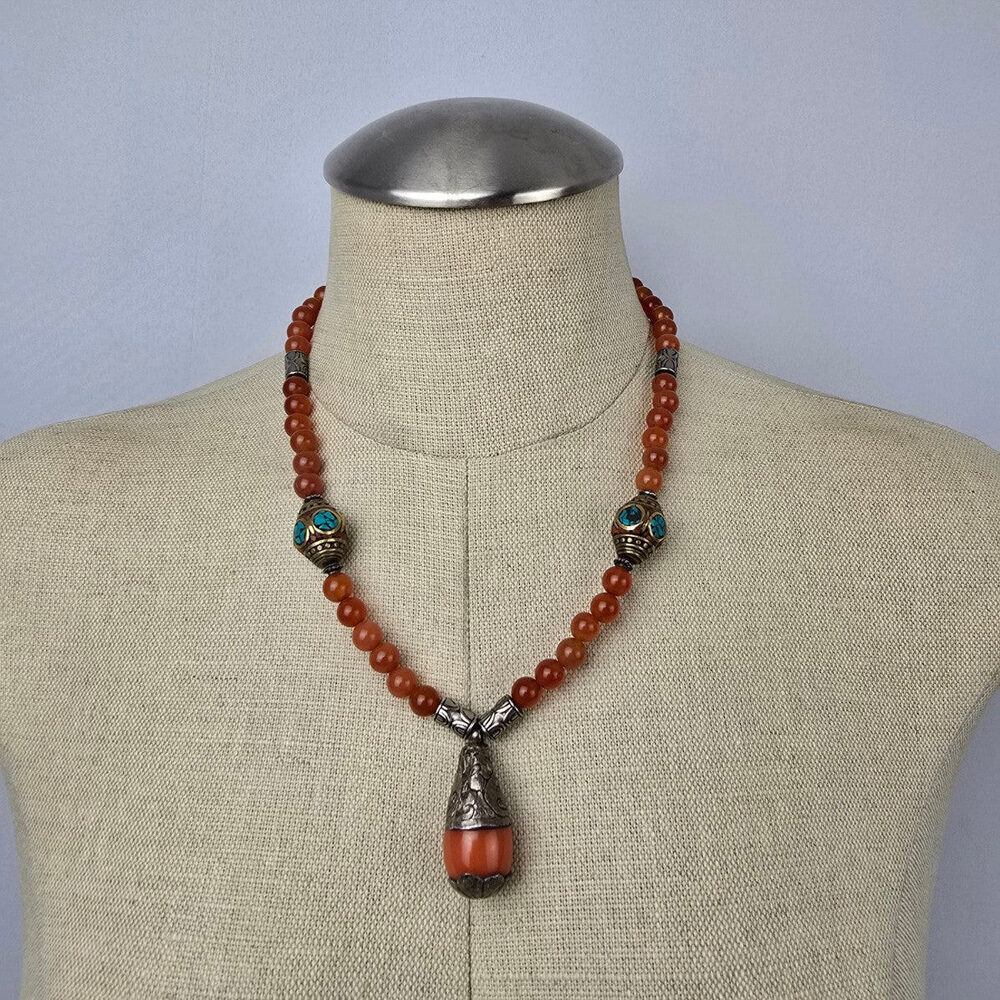 Vintage Carnelian & Turquoise Natural Stone Beaded Pendant Necklace